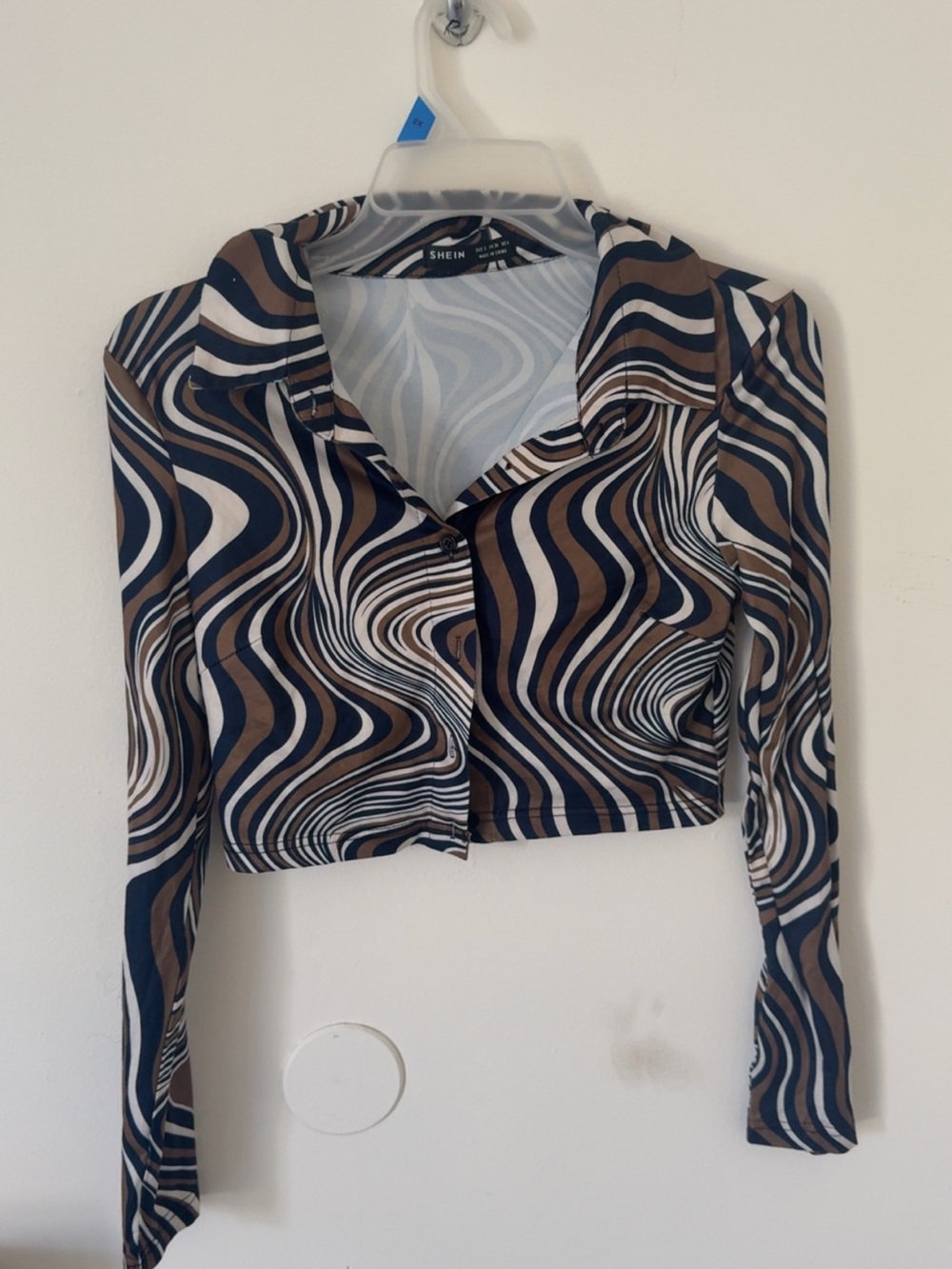 SHEIN Navy Blue, Brown & Cream Swirl Crop Button-Front Shirt